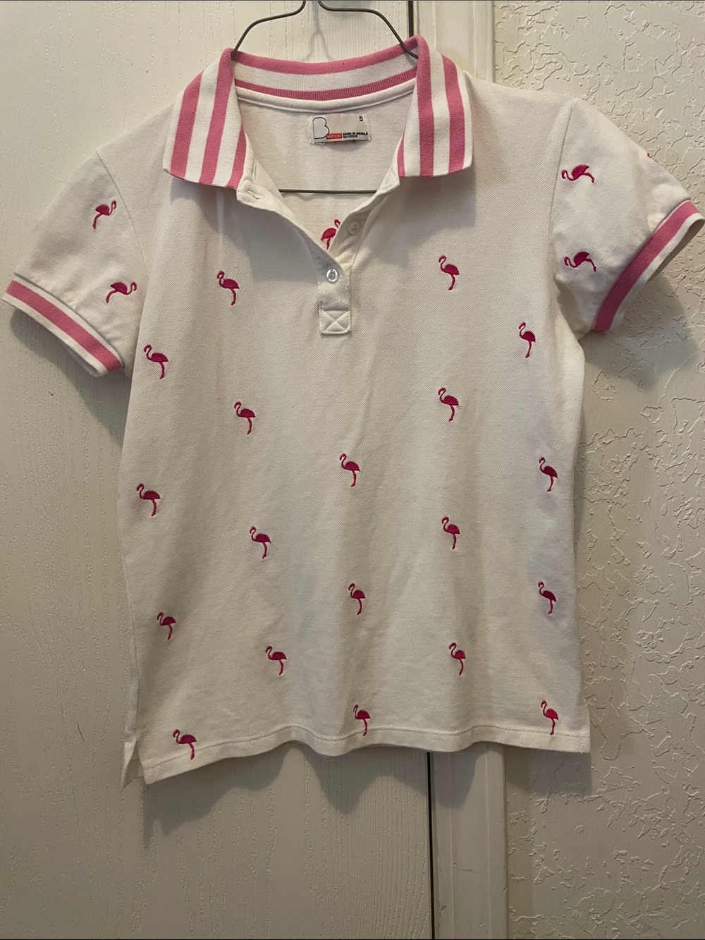 Bench White Polo with Pink Flamingo Embroidery